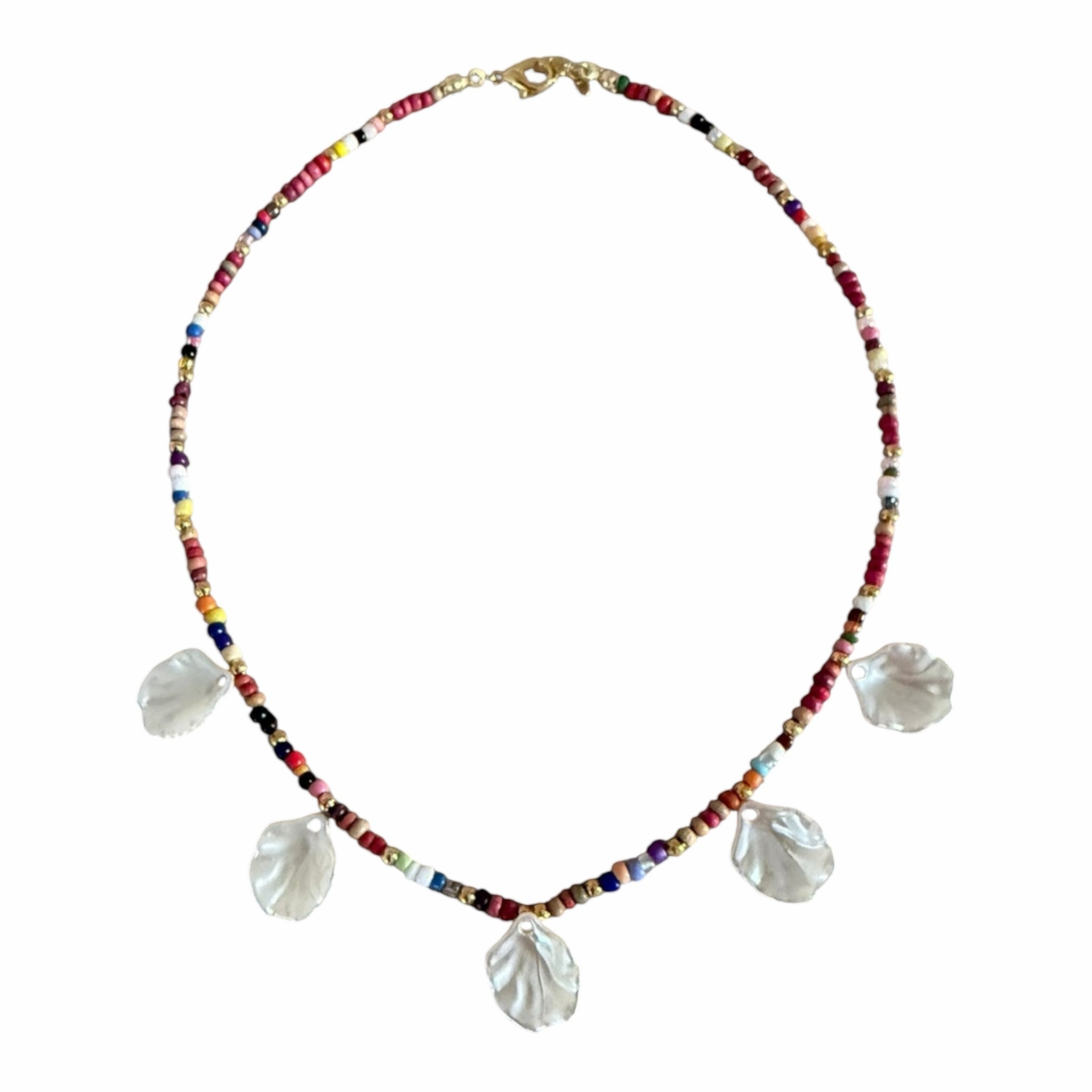 Craft and Babble multi-coloured glass bead necklace with five iridescent shell charms and a gold-tone clasp.