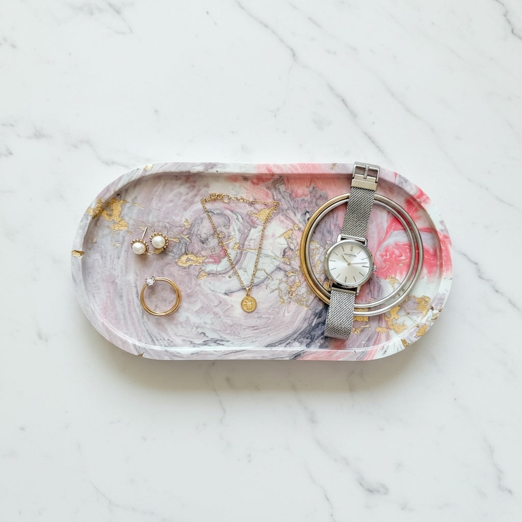 Craft and Babble oval resin trinket tray with pink, grey, and white marble swirl and gold leaf accents holding jewellery.