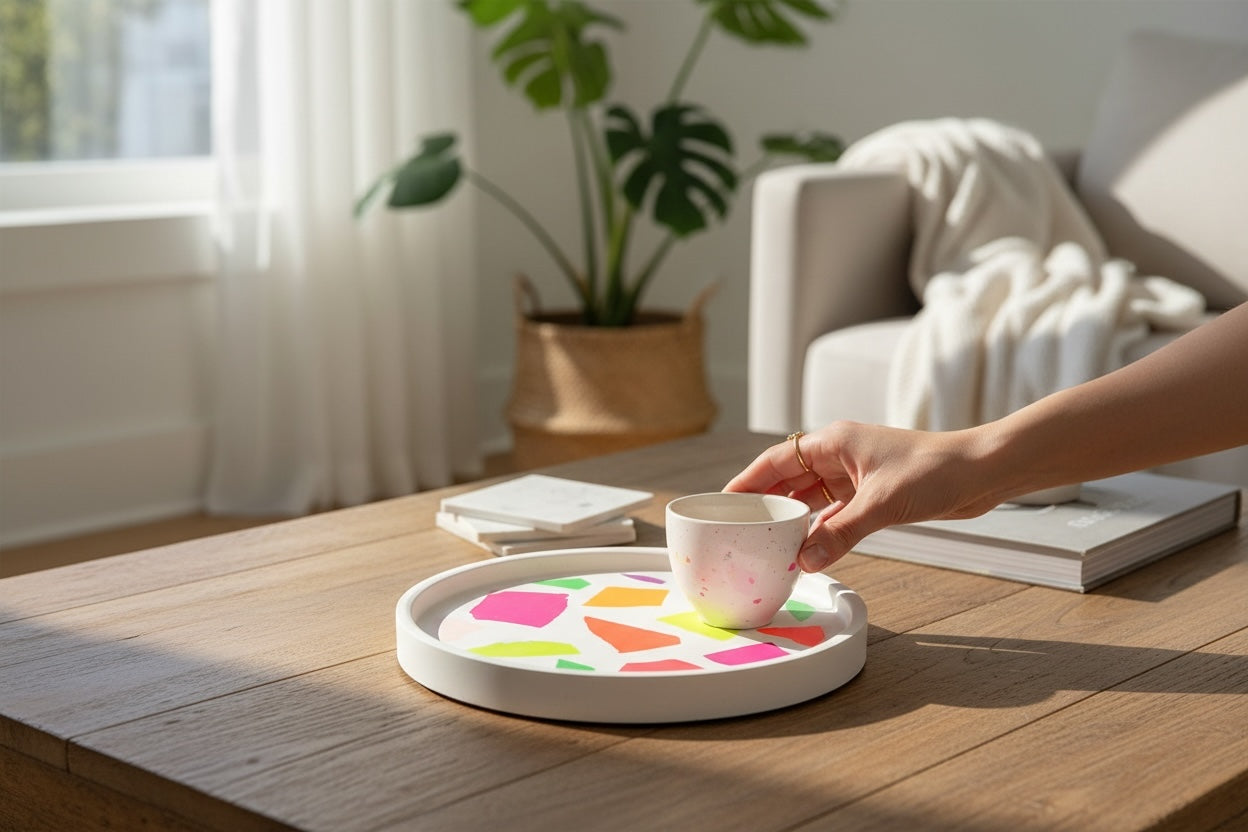 Craft and Babble circular white serving tray with vibrant neon terrazzo pattern on a wooden coffee table