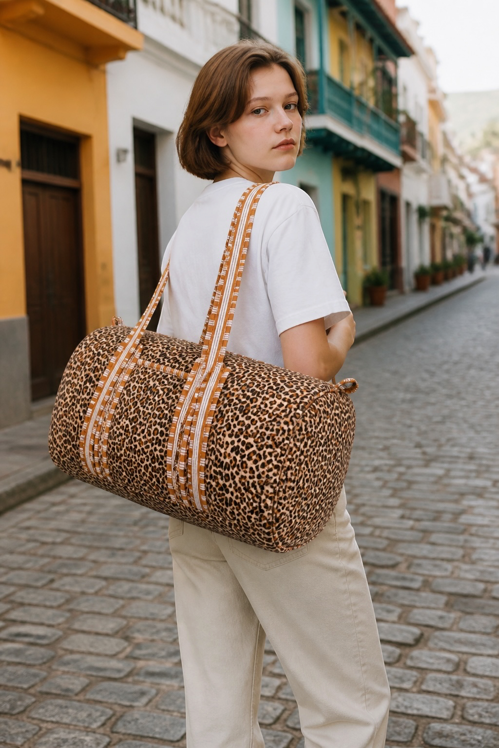 Cotton Quilted Leopard Duffle Bag
