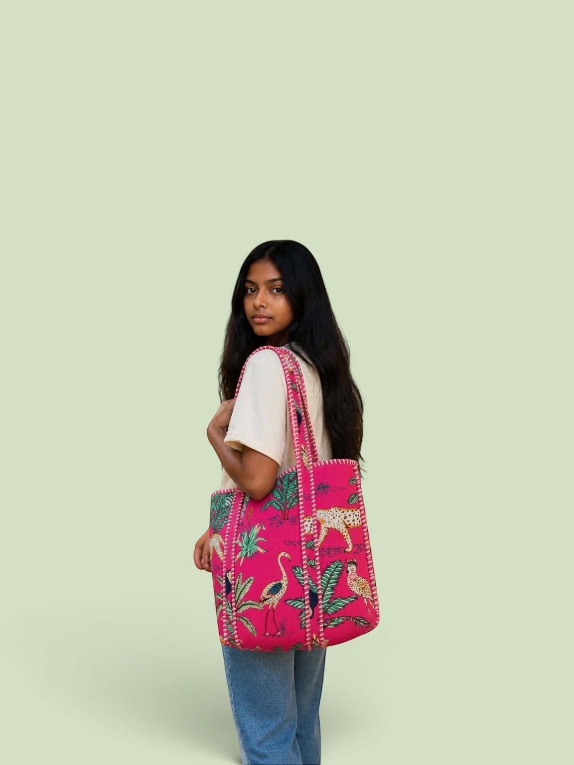 Quilted Tropical Printed Tote Bag