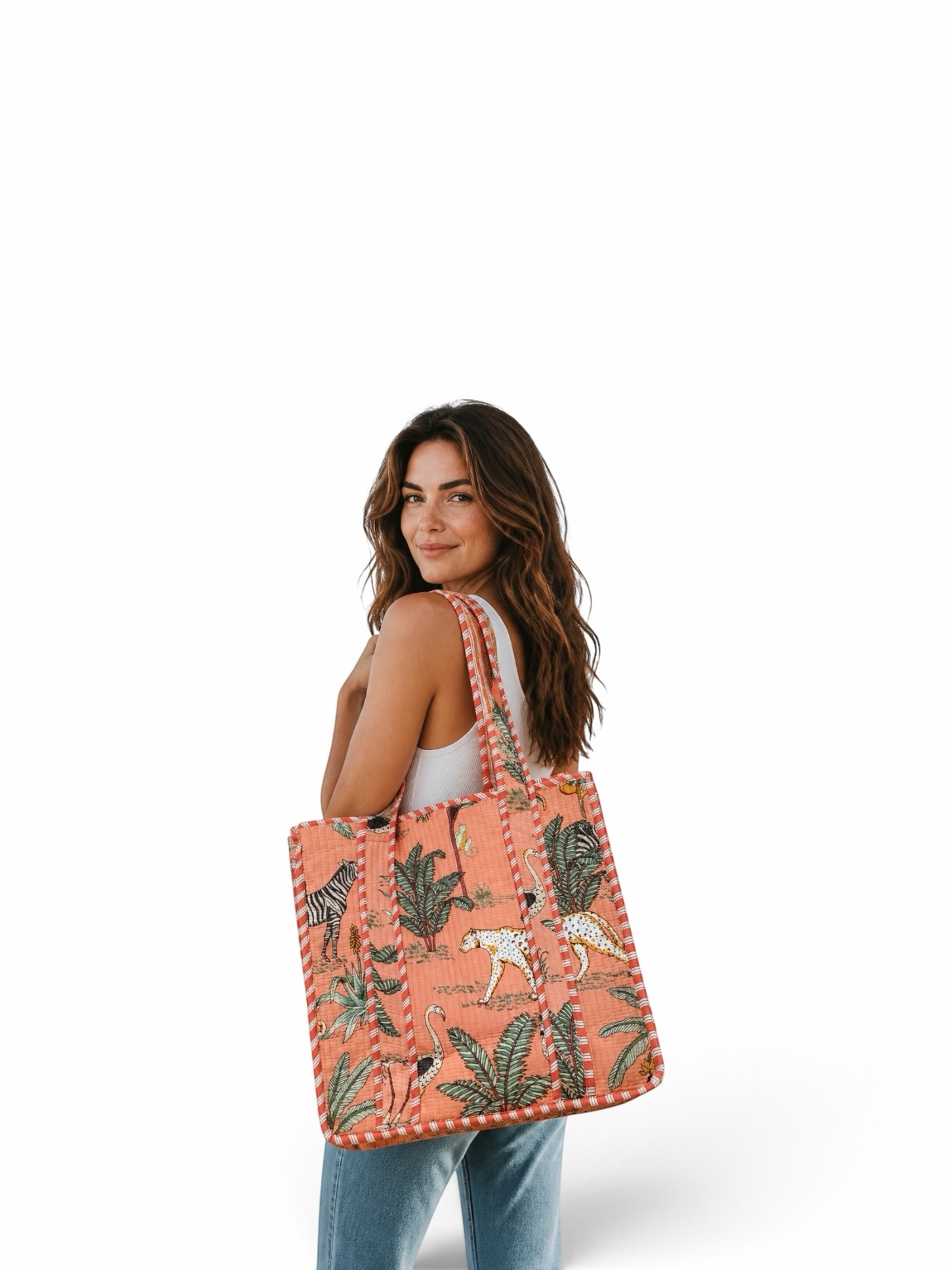 Quilted Tropical Printed Tote Bag